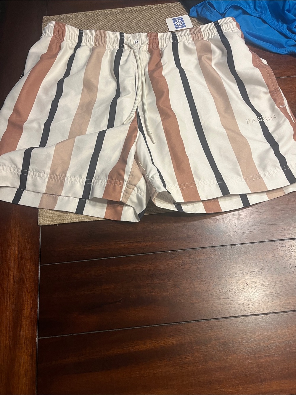 #84. PacSun Men’s Vertical Striped Swim Shorts - White, Tan & Black medium